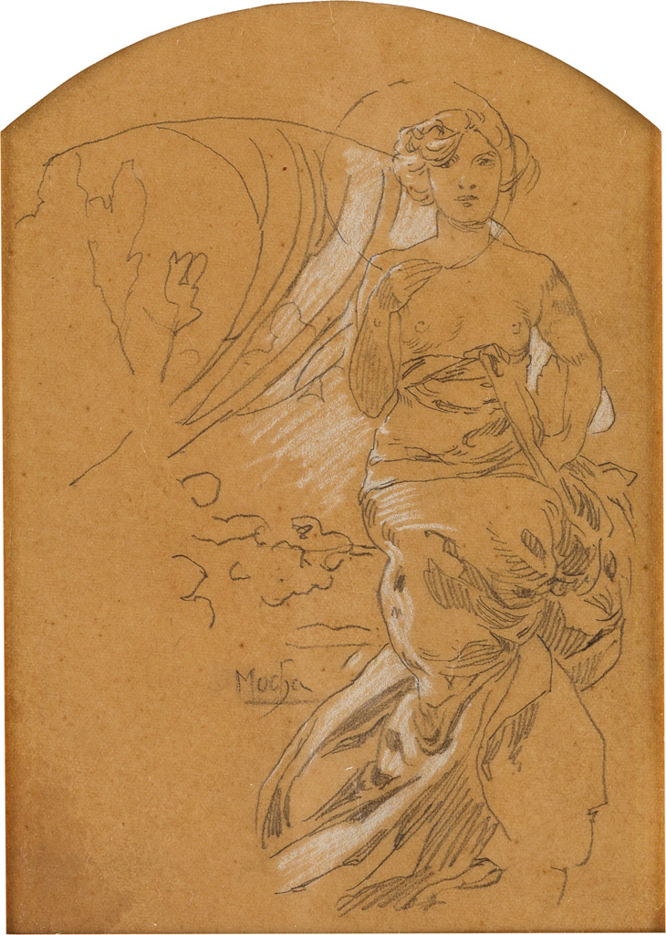 ALPHONSE MUCHA (1860-1939). [DOCUMENTS DÉCORATIFS.] Preparatory pencil sketch with white pencil highlights. Circa 1905. Approximately 7